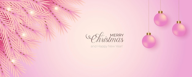 Christmas banner decoration with pink background pink pine branch and pink Christmas ball