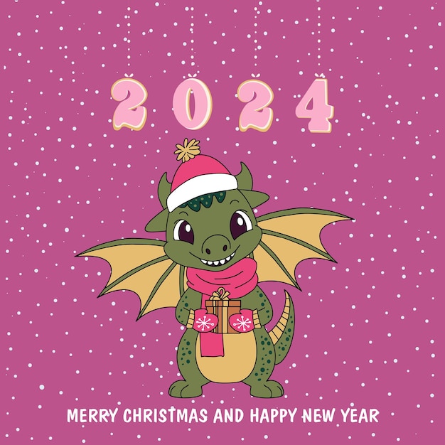 Christmas card with a cute green dragon symbol of 2024 Funny green dragon with a gift Merry Christmas and Happy New Year card Vector Vector illustration