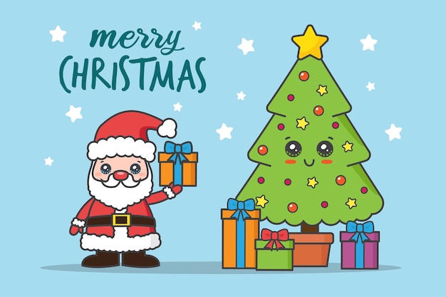 Christmas card with Santa Claus and tree with gifts