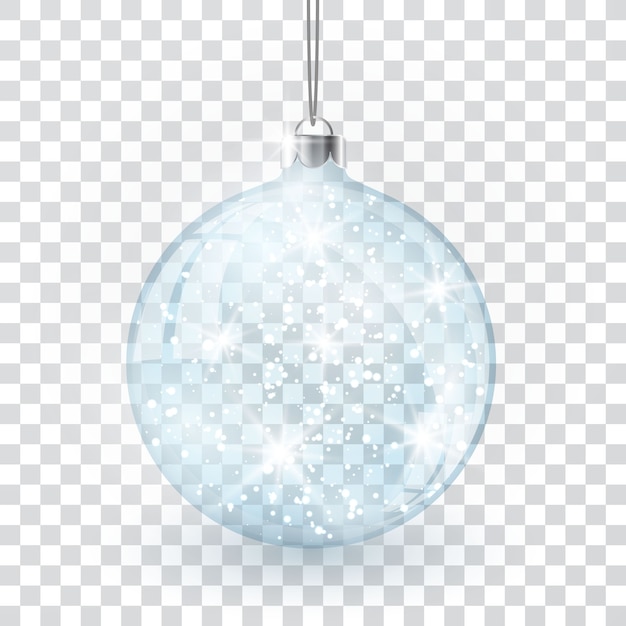 Christmas crystal glass ball on transparent vector background.