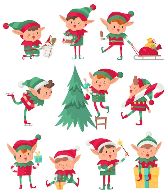 Vector christmas elf. santa claus cute fantasy helpers, adorable elves with holiday gifts and decorations, happy dwarf with xmas eve and snowman cartoon vector isolated characters collection