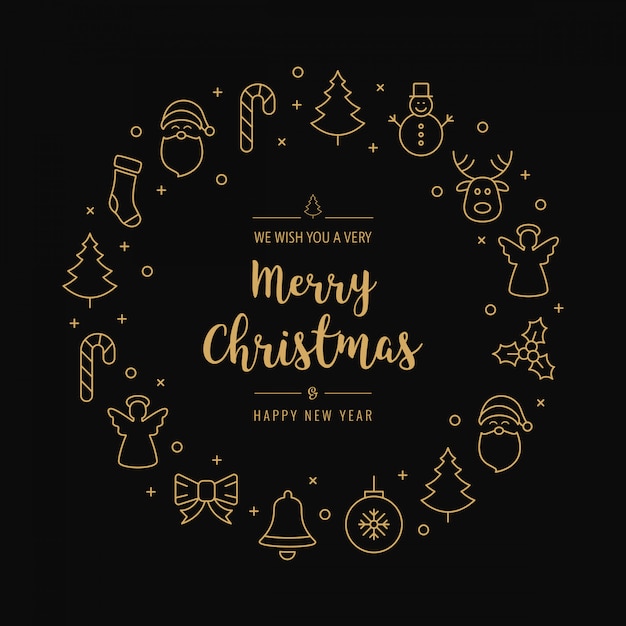 Christmas greeting icons circle golden black background