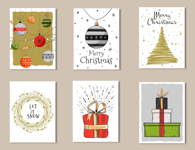 Christmas hand drawn card set. Doodle vector illustration.