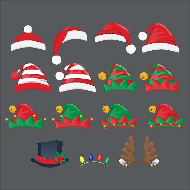 Vector christmas hat or xmas different hats elf hats deer horns and snowman hats in new year holiday vector isolated sign set