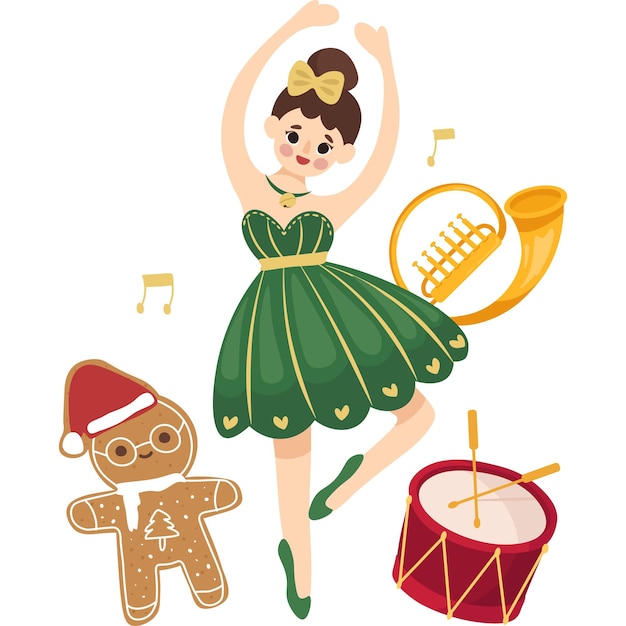 Christmas Illustration of Gingerbread Man and Ballet Dancer from The Nutcracker