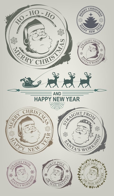 Vector christmas imprint with the face of a pleasant cheerful santa claus set