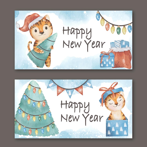 Christmas and New Year 2022 postcard with cute tigers and pine trees