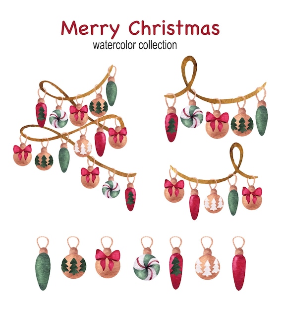 Christmas and New Year watercolor set with garland and balls