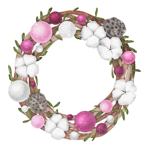 Christmas and new year wood wreath Cute watercolor illustration