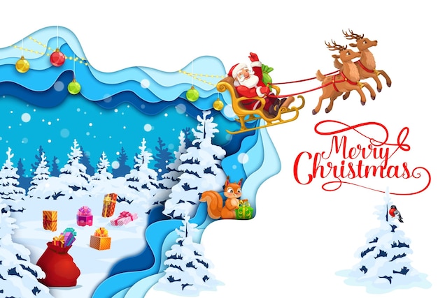 Christmas paper cut flying santa sleigh in forest