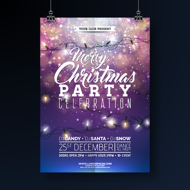 Christmas Party Flyer Illustration with Lights Garland and Typography Lettering 