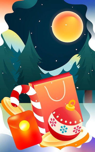 Christmas, Santa Claus delivering gifts, happy eve, pine trees and forest in the background, vector