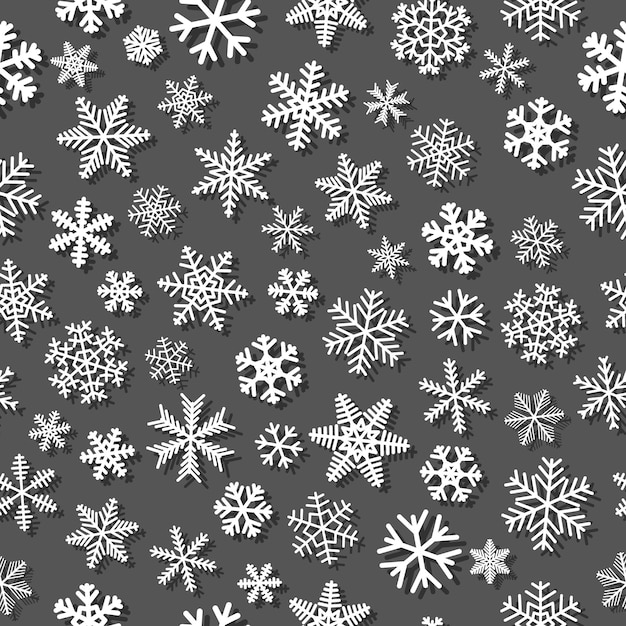 Christmas seamless pattern of snowflakes with shadows white on gray background