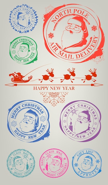 Vector christmas stamp with a face of a pleasant cheerful santa claus set