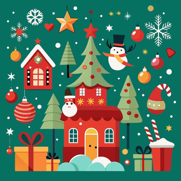 Vector christmas village with festive decorations and snowman