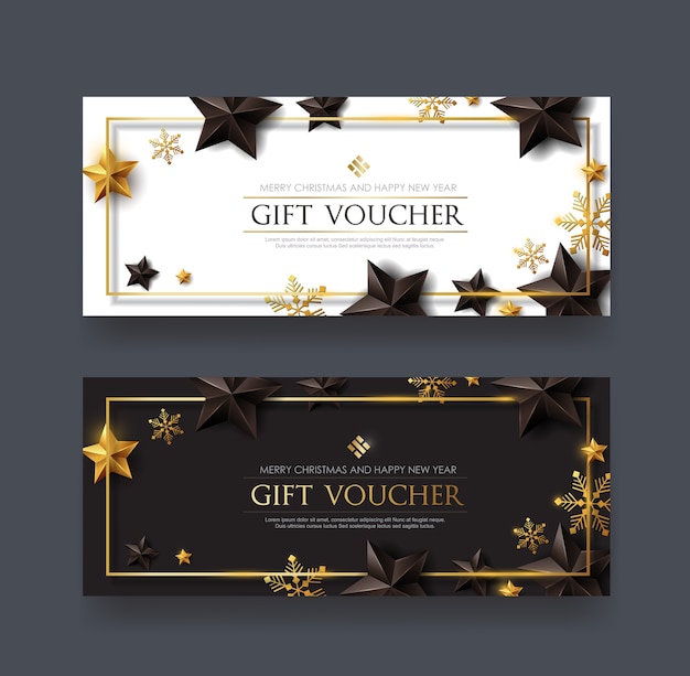 Christmas voucher with black gold stars and snowflake