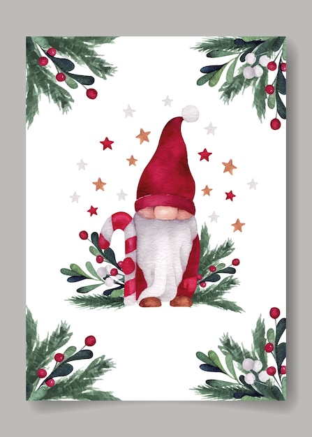 Vector christmas watercolor postcard with cute gnome, lollipop and branches