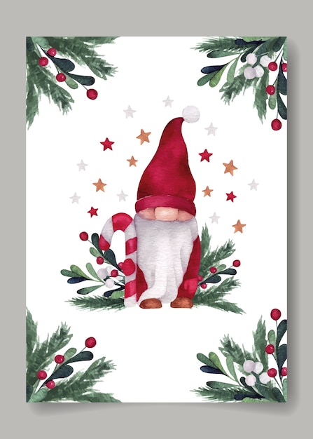 Christmas watercolor postcard with cute gnome, lollipop and branches