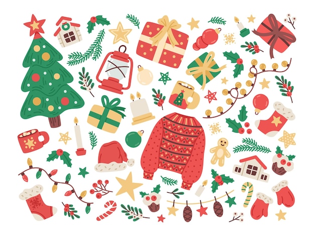 Christmas winter holiday festive decorations isolated vector illustration set