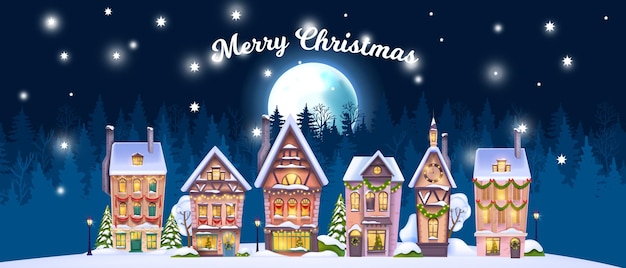 Christmas winter house landscape vector holiday xmas village background small north town moon