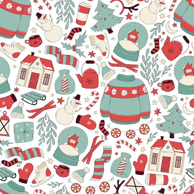 christmas and winter seamless pattern with hand drawn doodles for gift wrap, wallpaper, prints