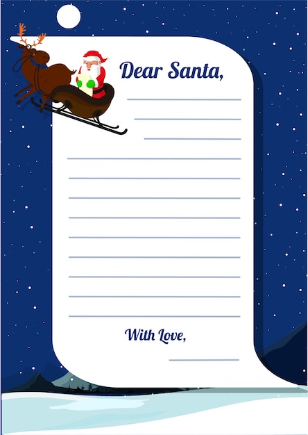 Christmas wishlist letter from Santa template with Happy Santa Claus in fullmoon night.