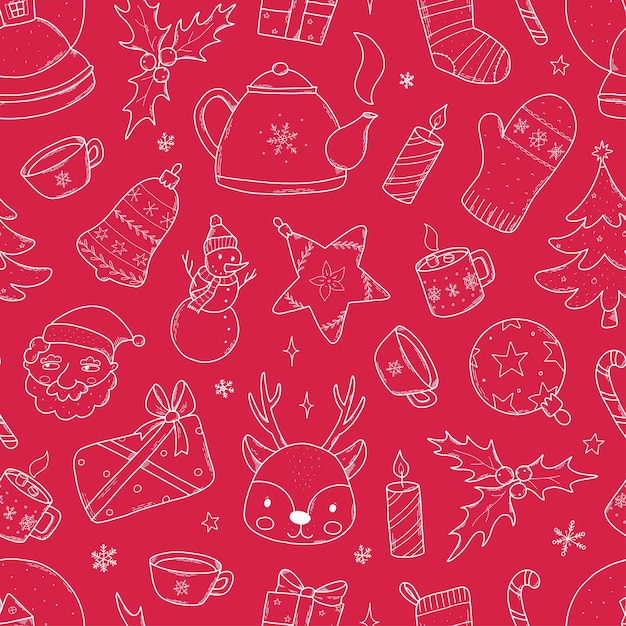 Chrsitmas seamless pattern with sketched white doodles on red background