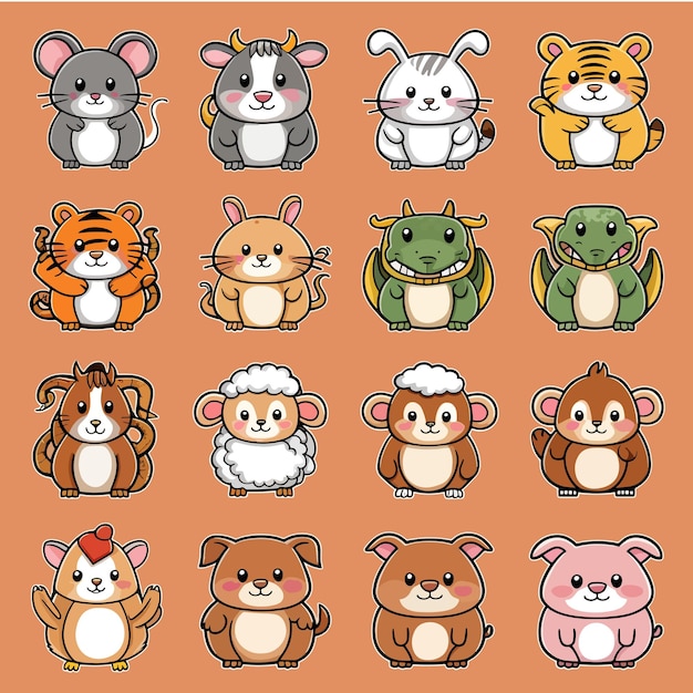 Vector chubby and cute chinese zodiac animals