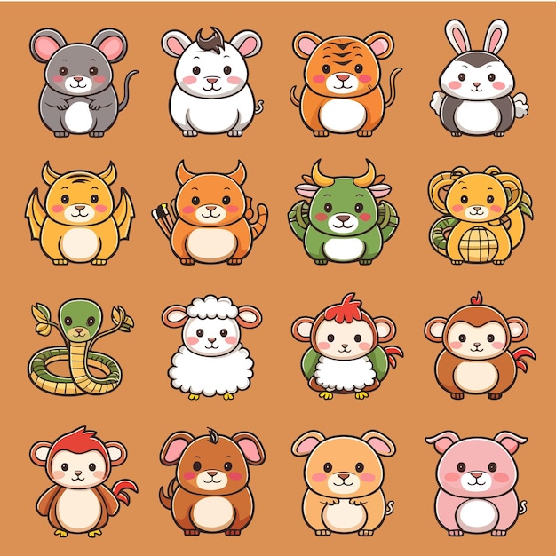 Vector chubby and cute chinese zodiac animals