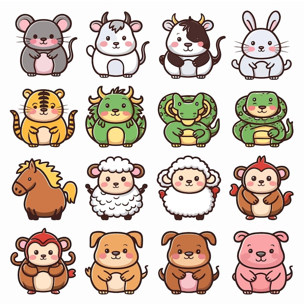 Vector chubby and cute chinese zodiac animals