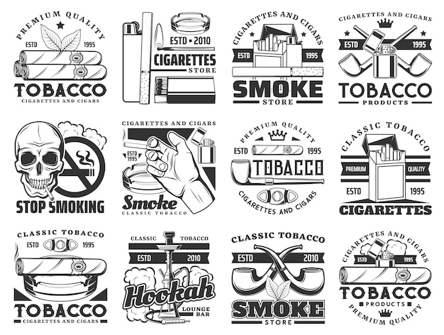 Vector cigarette pack cigar pipe tobacco leaf icons