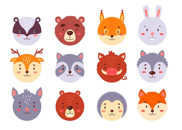 Vector circle animal faces set for ui or mobile application cute kawaii avatars collection for kids game simple head icons in bright color flat vector illustration isolated on white background