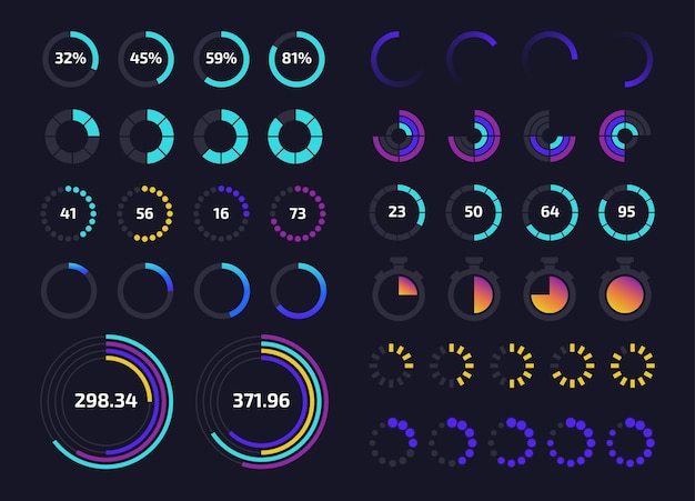 Circle dashboard UI Round progress bar and download status application interface graphic element Vector control panel time tracker infographic set