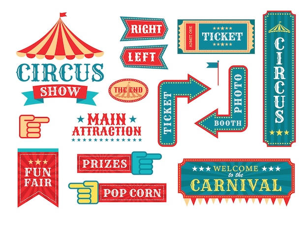 Circus event Carnival show elements retrofestival templates vector set fair frames and circus signs