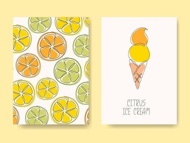 Vector citrus ice cream background cute doodle continuous line drawn waffle cone icecream summer holiday