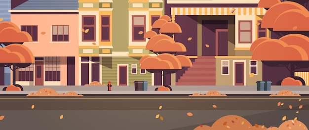 Vector city building houses exterior modern town street in autumn season sunset cityscape