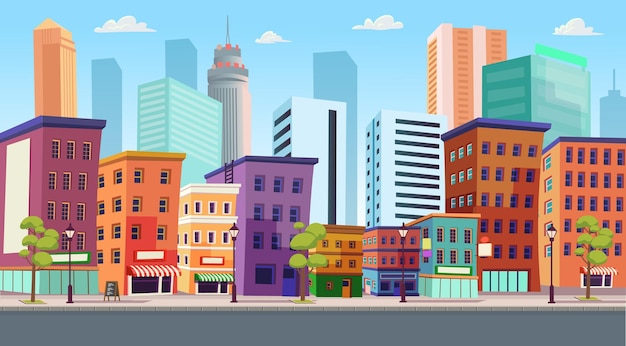 Vector city building houses with shops cafe hotel bankvector illustration in flat style background