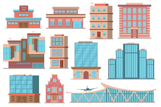 Vector city buildings concept collection in flat cartoon design different types of private or building