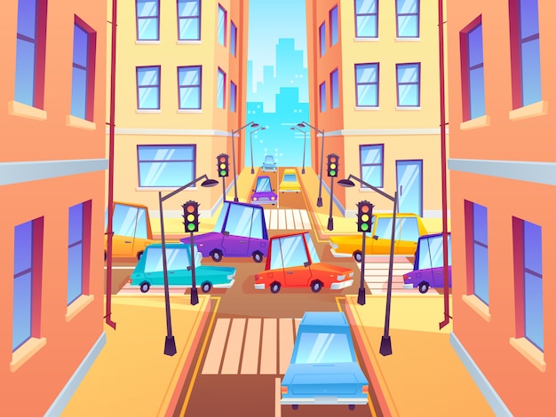 Vector city crossroad with cars. road traffic intersection, town street car jam and crosswalk with traffic lights cartoon  illustration