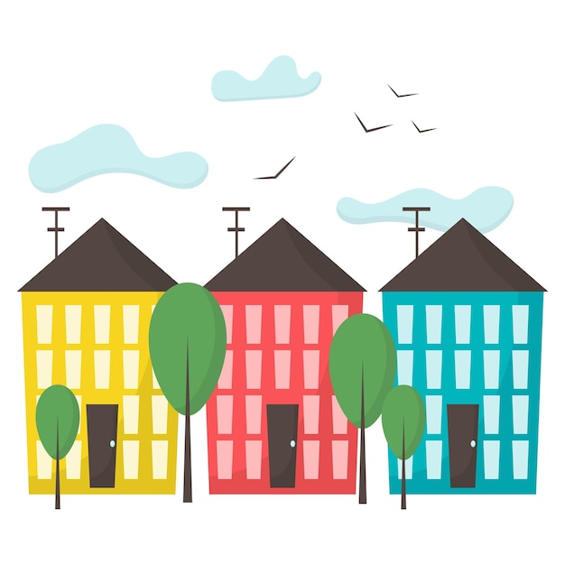 City illustration Town with buildings and trees City landscape Flat style Vector illustration