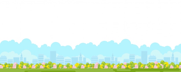 City landscape. Cartoon city park panoramic view with green garden and town . Outdoor recreation landscape with tree and flat skyline