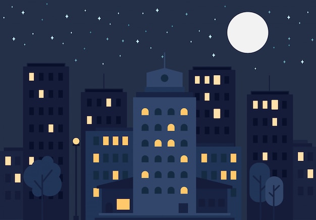 Vector city life night buildings illustration