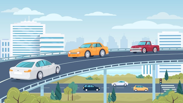 Vector city moderntraffic cars road and cityscape illustration