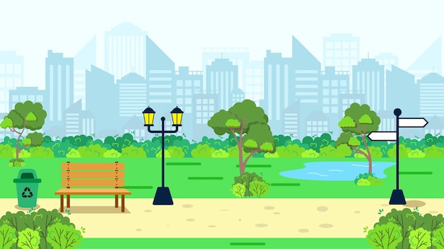 Vector city park in morning with city buildings landscape background