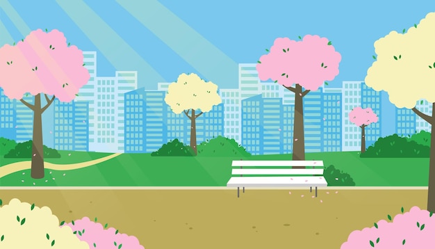 City park spring panorama blooming trees bench Flat vector illustration