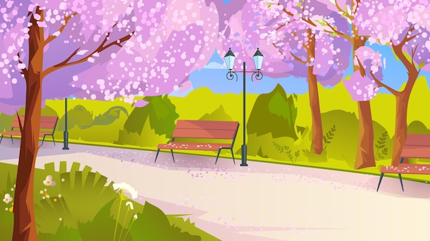 City park with blossom sakura trees in flat cartoon style