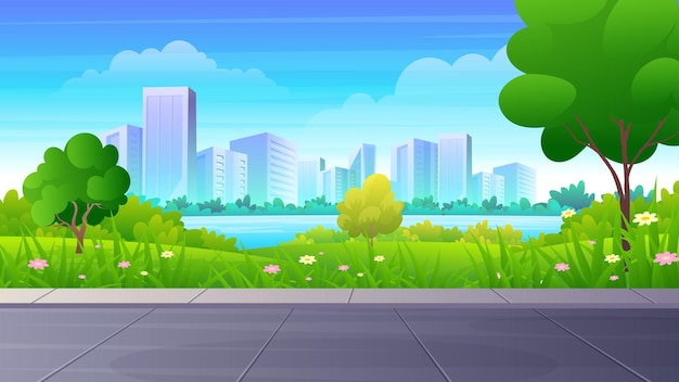 Vector city park with green yard, trees, grass, trees and city skyline, cartoon public garden landscape