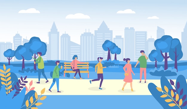 Vector city people walking park or street and park  illustrations, woman man characters in outdoor activity