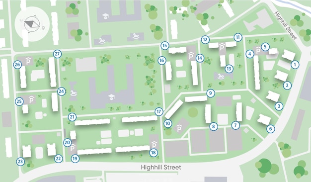 Vector city plan of an area with the designation of parks, streets, houses, social