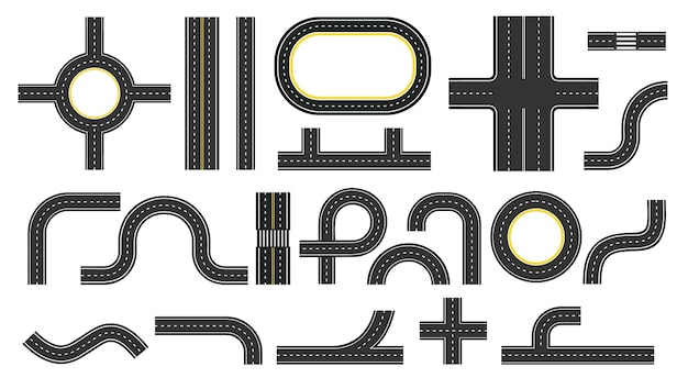 Vector city road and highway top view elements for map crossroads motorway bend twists and traffic circles street roads plan kit vector set road parts street traffic plan elements illustration